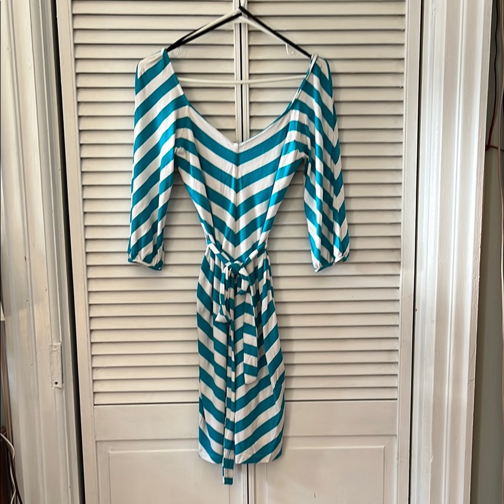 Bebe Teal and White Striped Dress